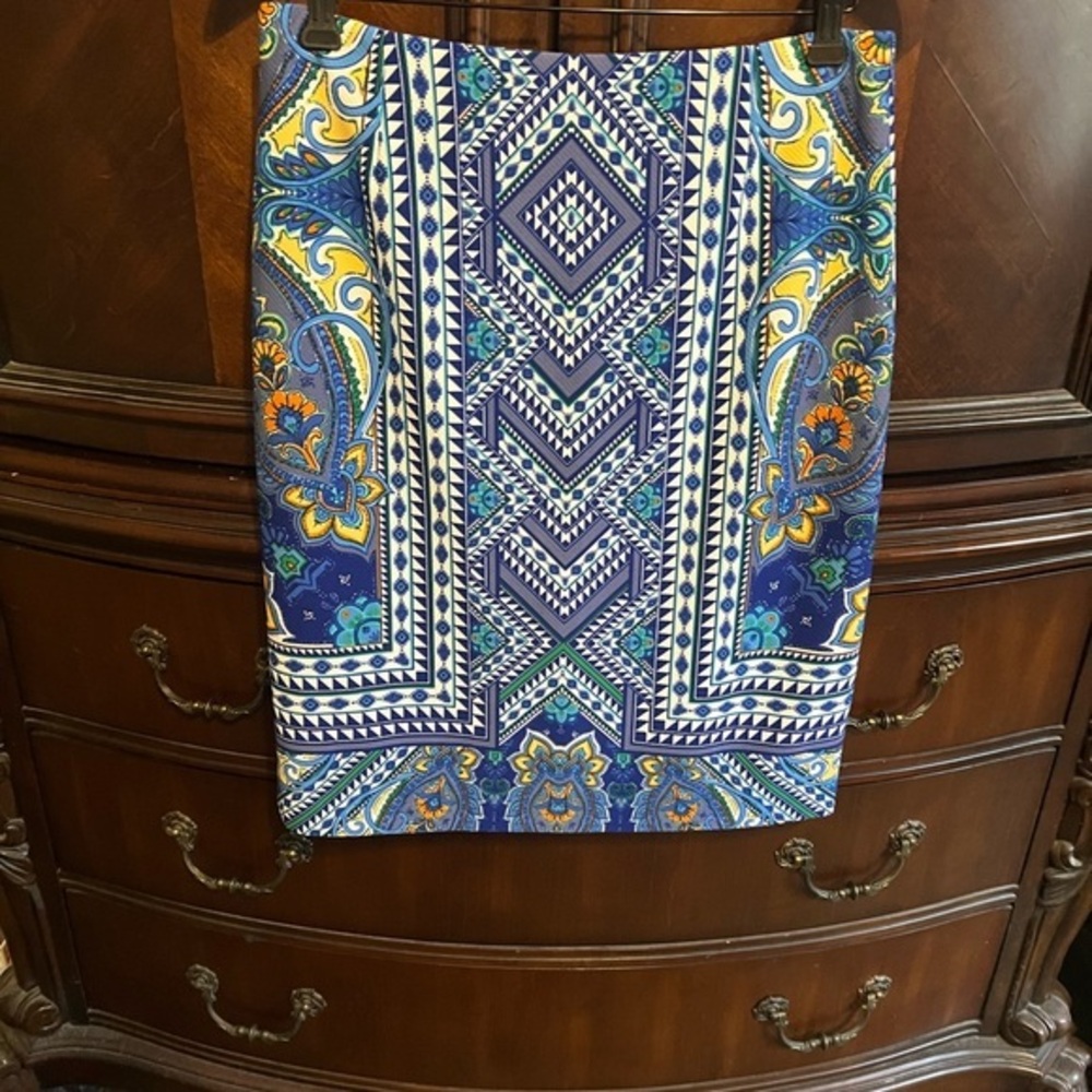 ANTONIO MELANI Blue, Yellow & White Printed Pencil Skirt